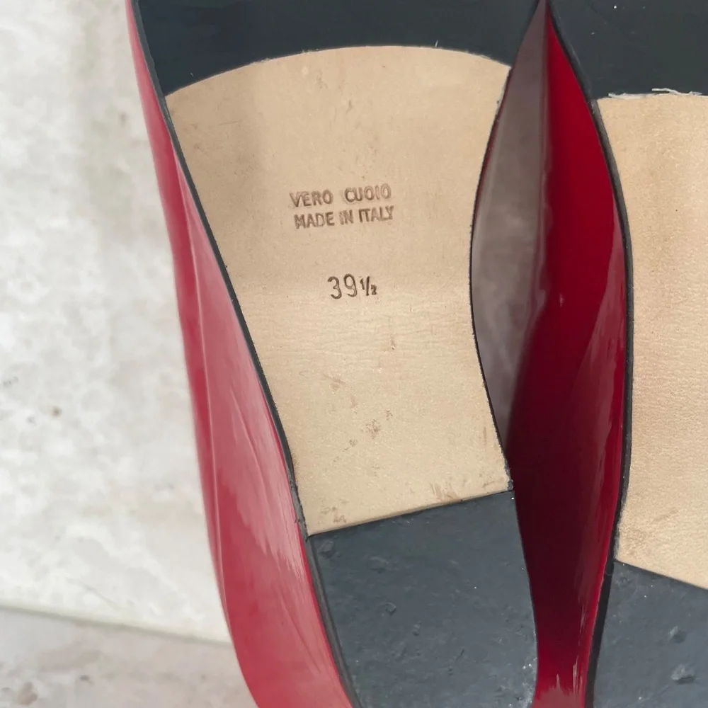 TARYN ROSE {39.5} Red Wedge Patent Leather Peep Toe Candy Apple Red 